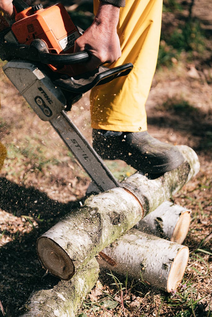 Person Cutting Wooden Logs Using Chainsaw